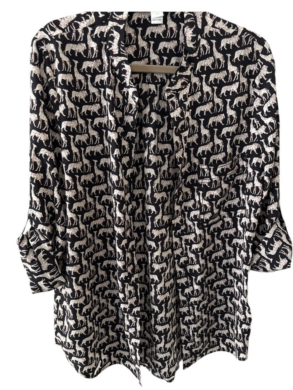 Diane Von Furstenberg Black Shirt with Cream Animal Print